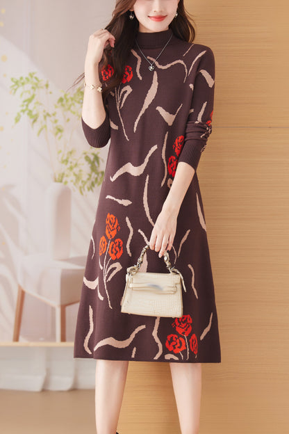 Knit Stretch Pattern Pullover Midi Dress