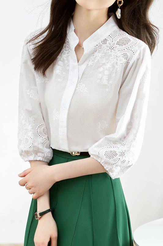 White V-neck Raspberry Embroidered Lace Blouse