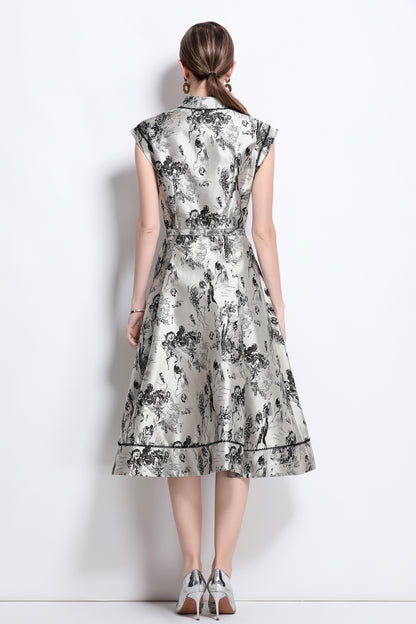 Women's Jacquard Cap Sleeve Button Rockabilly Dress