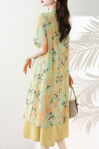 Yellow Floral Cheongsam Fake Two Pieces Dress