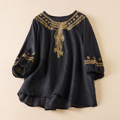 Embroidery Print 3/4 Sleeve Linen Tunic Blouse