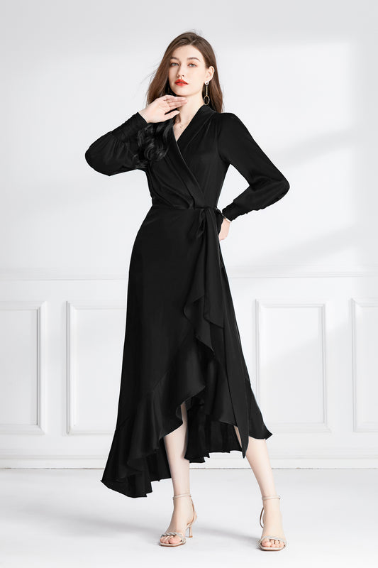 Women's 2023 Satin Dresses Casual Long Sleeve Wrap V Neck Ruffle High Low Midi Dress