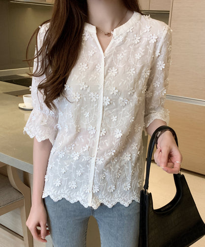 Floral Embroidered V-Neck Bell Sleeve Blouse