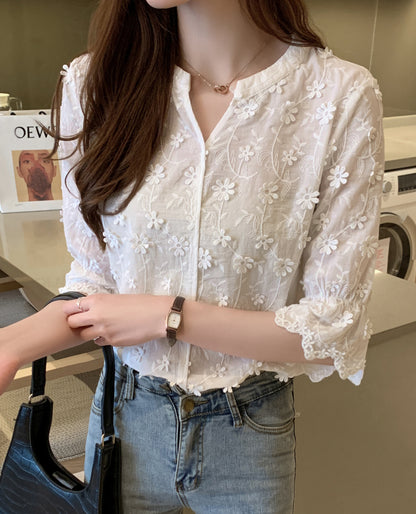 Floral Embroidered V-Neck Bell Sleeve Blouse
