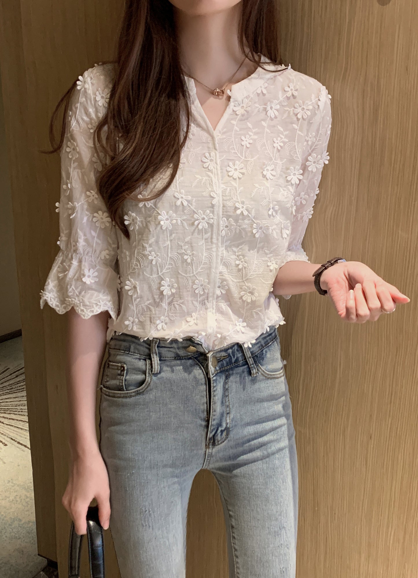 Floral Embroidered V-Neck Bell Sleeve Blouse