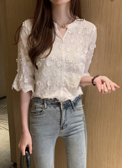 Floral Embroidered V-Neck Bell Sleeve Blouse