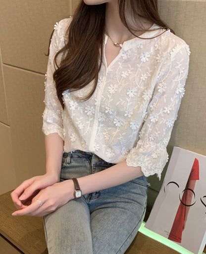 Floral Embroidered V-Neck Bell Sleeve Blouse