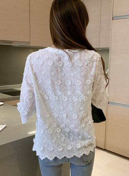 Floral Embroidered V-Neck Bell Sleeve Blouse