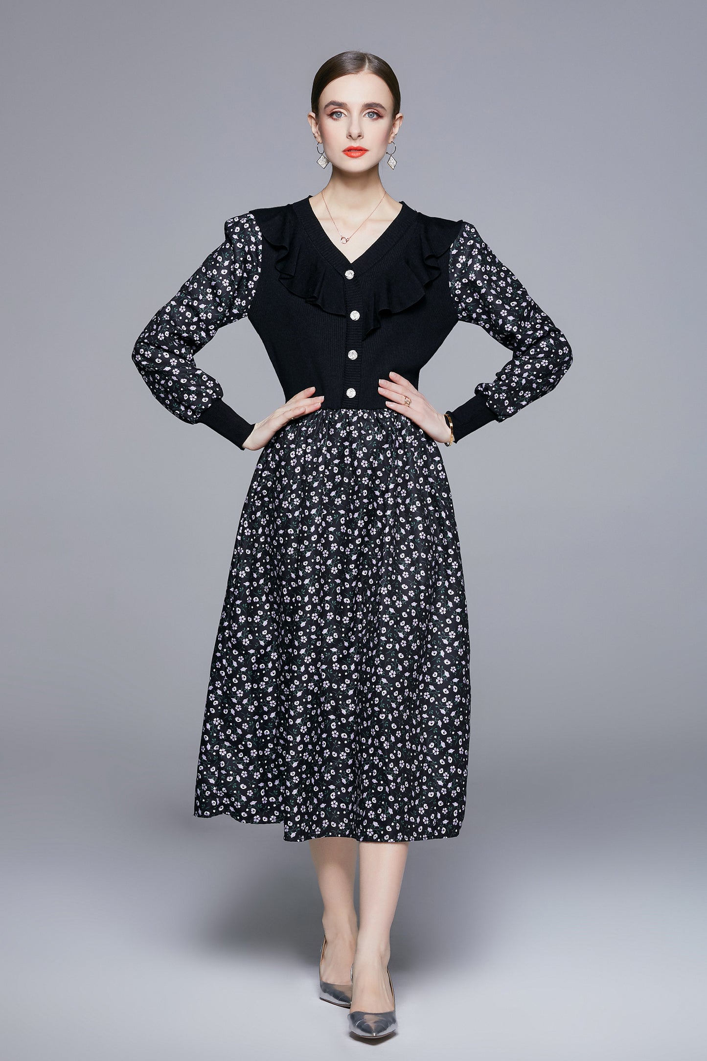 Women's 2 in 1 Knit Button Top Floral Print Dress