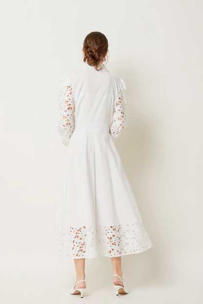 Lapel Long Sleeves Lace Buttons Maxi Dress