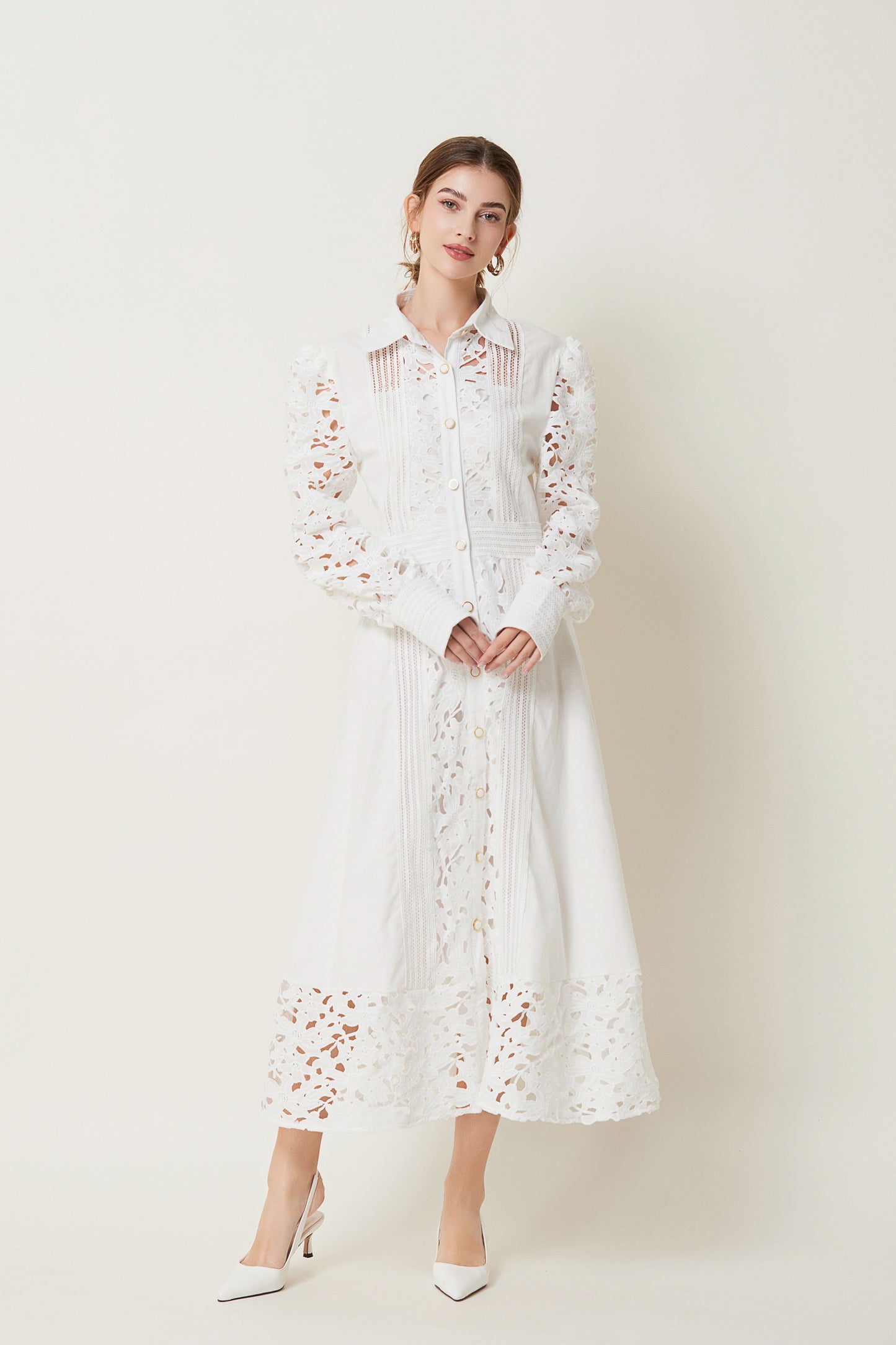 Lapel Long Sleeves Lace Buttons Maxi Dress