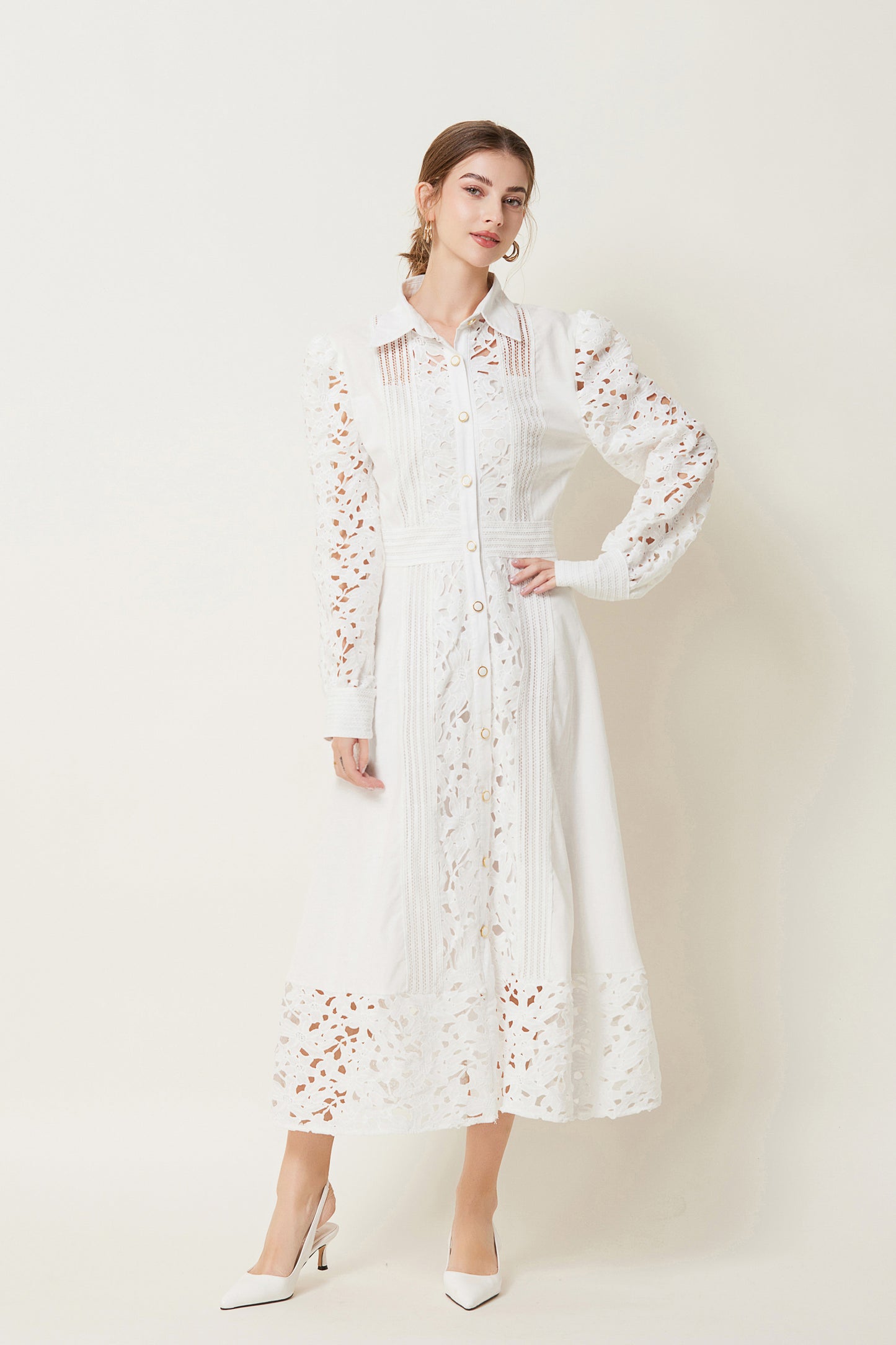 Lapel Long Sleeves Lace Buttons Maxi Dress