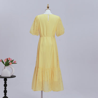 Women's Beaded Ruffled Puff Sleeve Maxi Dress