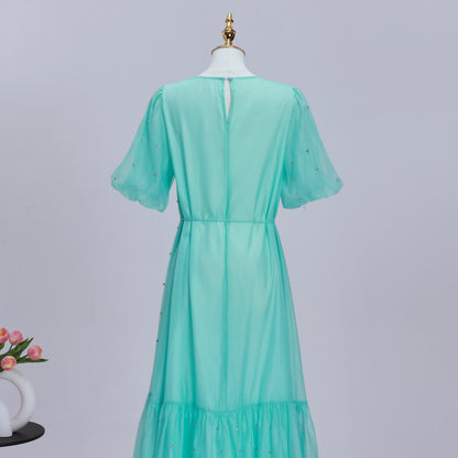 Women's Beaded Ruffled Puff Sleeve Maxi Dress