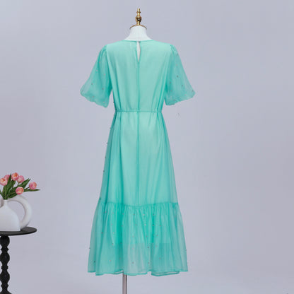 Women's Beaded Ruffled Puff Sleeve Maxi Dress