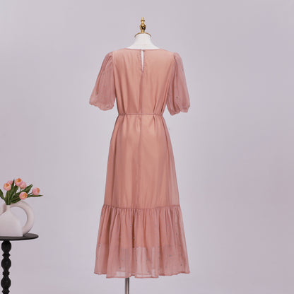 Women's Beaded Ruffled Puff Sleeve Maxi Dress