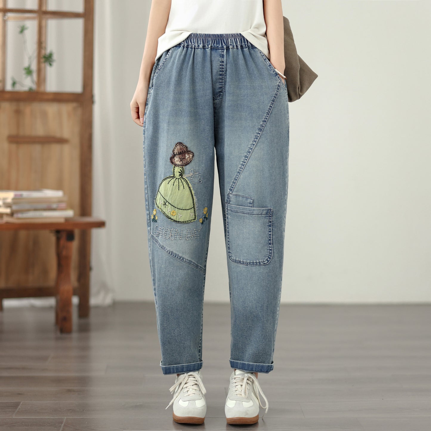 Women's Casual Denim Harem Jeans Elastic Waist Loose Pants