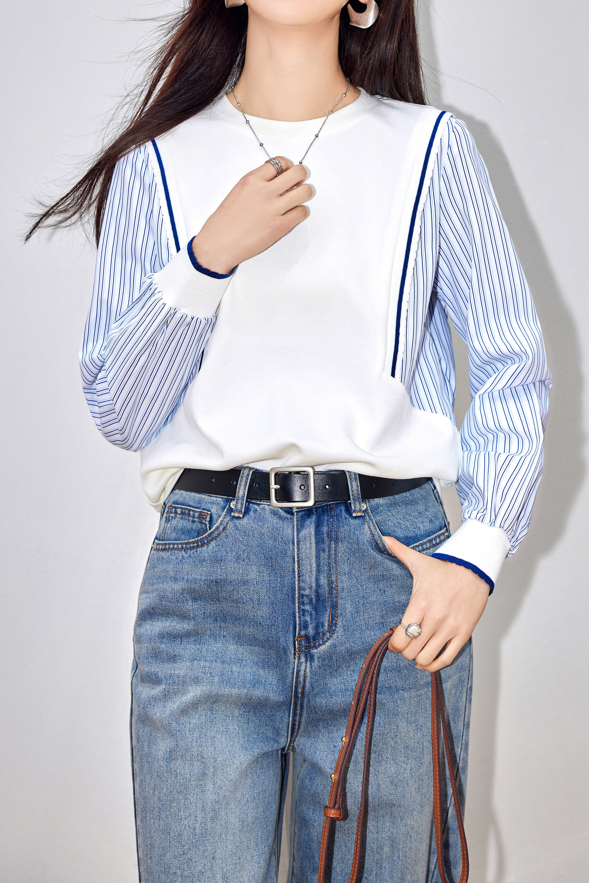 LAI MENG FIVE CATS Women's Patchwork Shirt Long Sleeve Stripe 