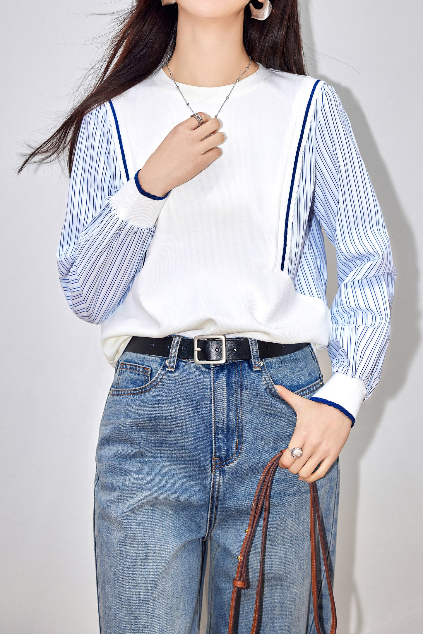 Women's Patchwork Shirt Long Sleeve Stripe Pullover Blouse Tops