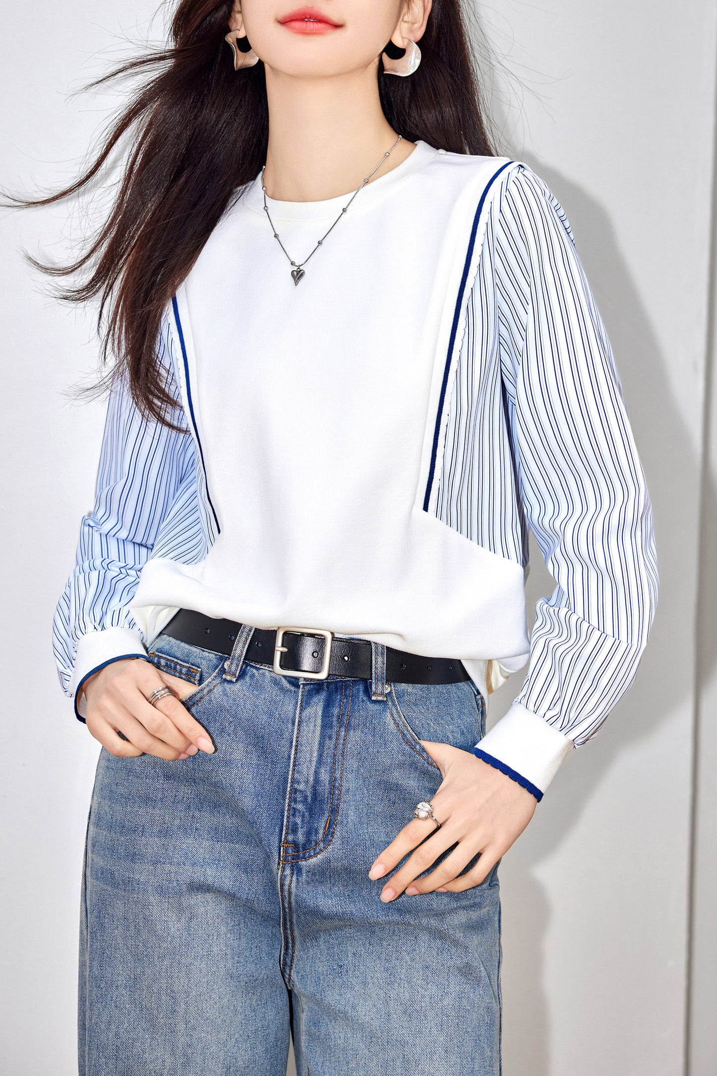 Women's Patchwork Shirt Long Sleeve Stripe Pullover Blouse Tops