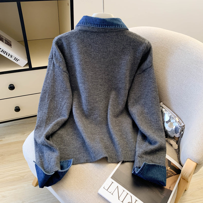 Denim Collar Color-Block Knit Sweater – Faux Two-Piece Long Sleeve Top - LAI MENG FIVE CATS