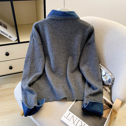 Denim Collar Color-Block Knit Sweater – Faux Two-Piece Long Sleeve Top - LAI MENG FIVE CATS