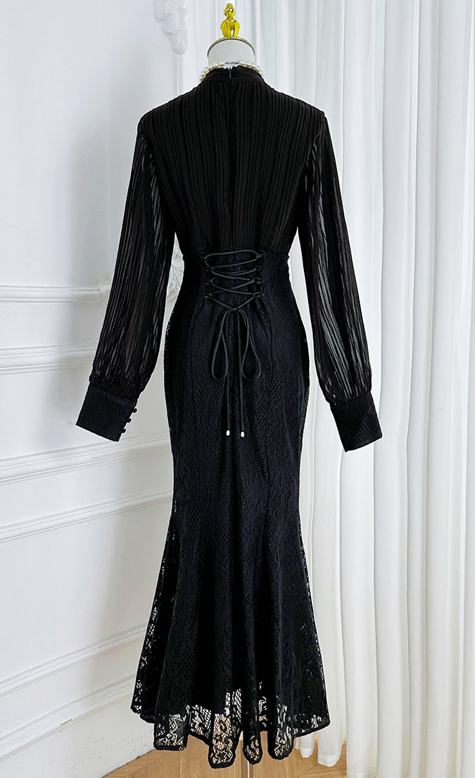 Elegant Pleated & Lace Midi Dress with Tie Neck, Beaded Details & Flounce Hem - LAI MENG FIVE CATS