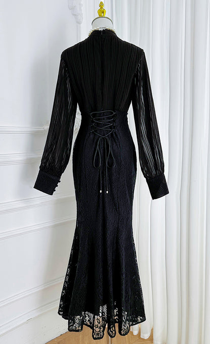 Elegant Pleated & Lace Midi Dress with Tie Neck, Beaded Details & Flounce Hem - LAI MENG FIVE CATS