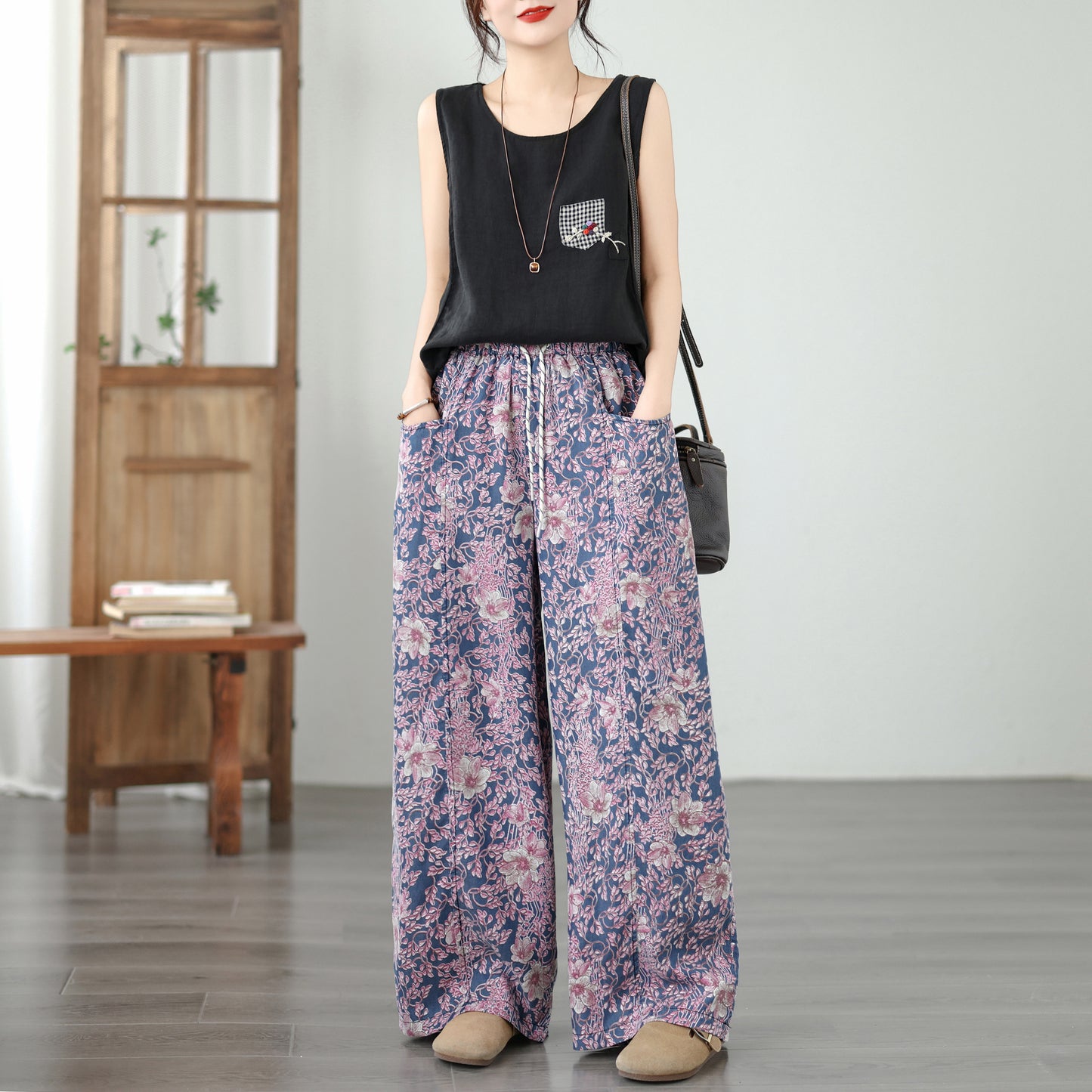 Women's Wide Leg Jeans Lightweight Wasited Elastic Print Y2K Pants - LAI MENG FIVE CATS