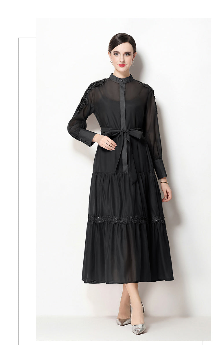 Elegant Bead Embroidery Loose Button Belted Maxi Dress - LAI MENG FIVE CATS