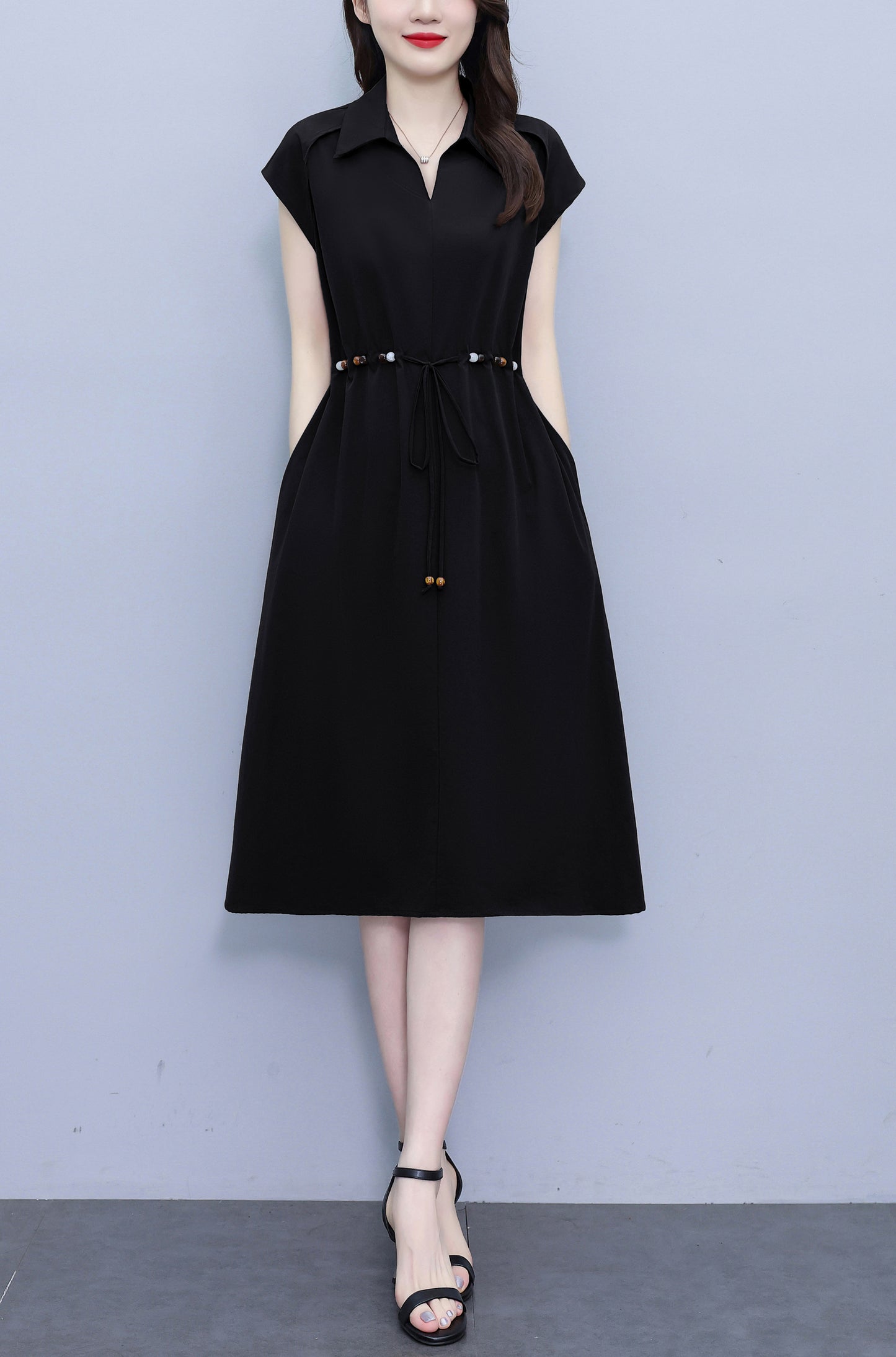 Women's V-Neck Cap Sleeve Pocket Midi Dress