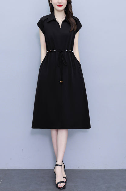 Women's V-Neck Cap Sleeve Pocket Midi Dress