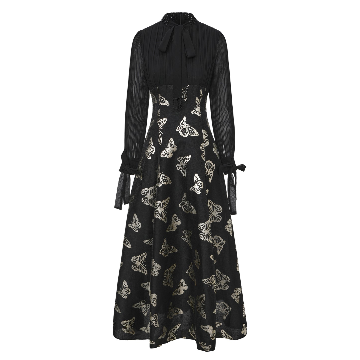 Women's Tie-neck Pleated Top Satin Gilded Party Long Dress - LAI MENG FIVE CATS