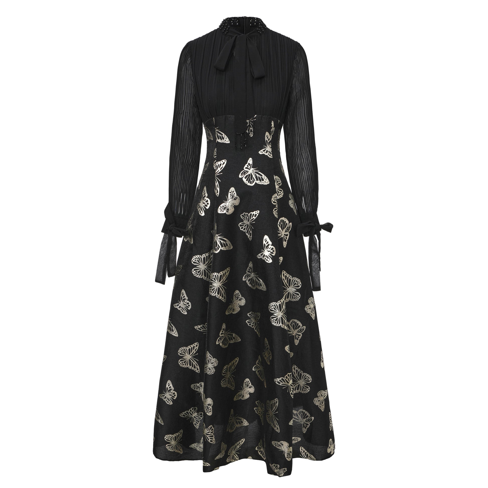 Women's Tie-neck Pleated Top Satin Gilded Party Long Dress - LAI MENG FIVE CATS