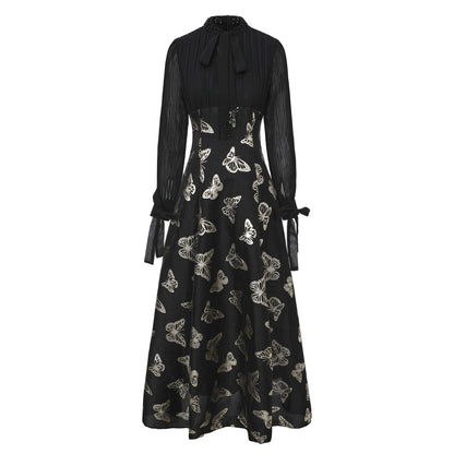 Women's Tie-neck Pleated Top Satin Gilded Party Long Dress - LAI MENG FIVE CATS
