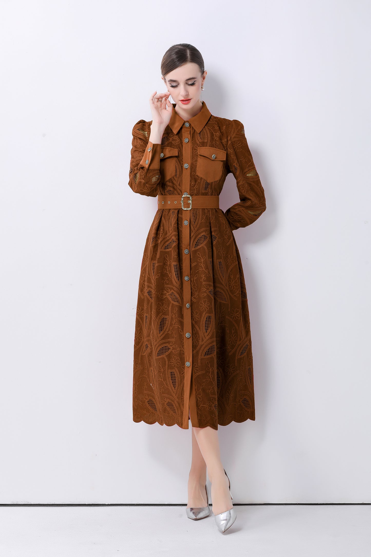 Women's Embroidery Hollow Out Lace Midi Dress - LAI MENG FIVE CATS