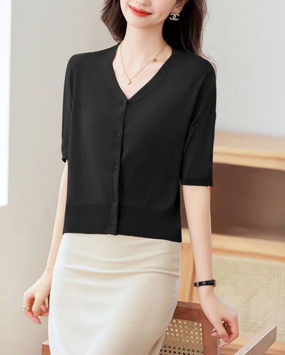 Women's Short Sleeve Ribbed Knit Cardigan Tops