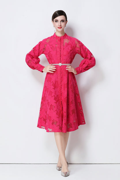 Women's Long Sleeve Eyelet Embroidery Button Midi Dress