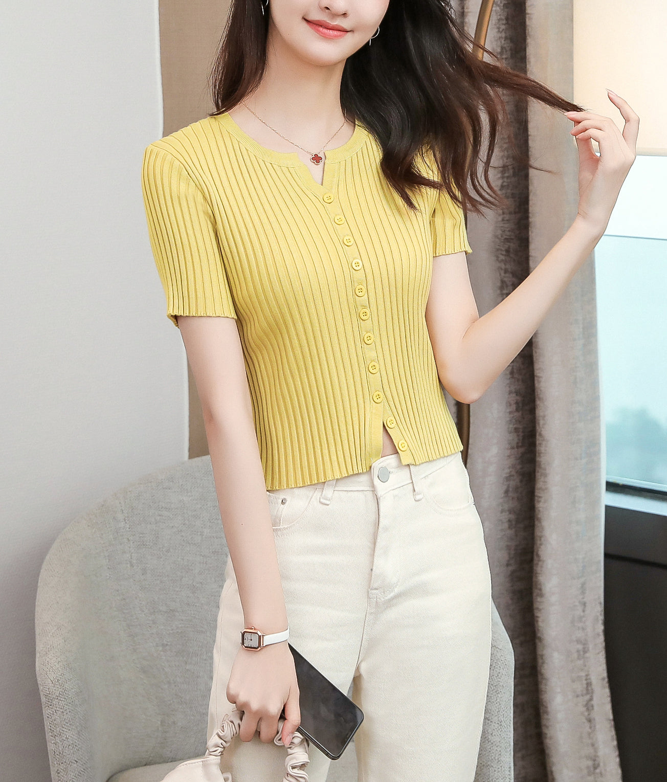 Women's V-Neck Knitted Thin Tops Ribbed Shirt