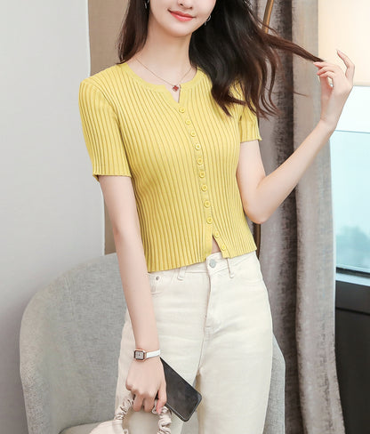 Women's V-Neck Knitted Thin Tops Ribbed Shirt