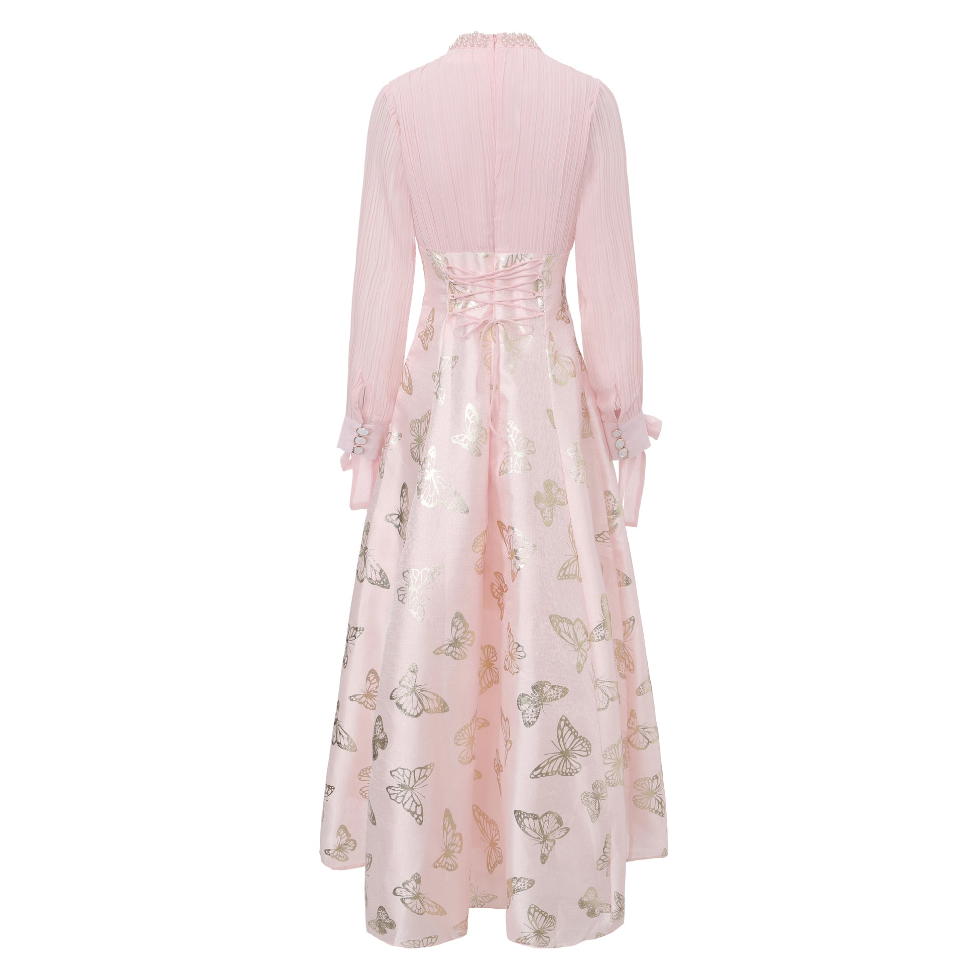 Women's Tie-neck Pleated Top Satin Gilded Party Long Dress - LAI MENG FIVE CATS