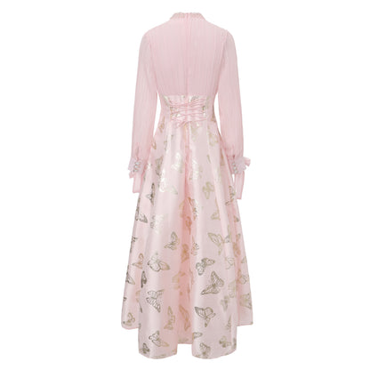 Women's Tie-neck Pleated Top Satin Gilded Party Long Dress - LAI MENG FIVE CATS