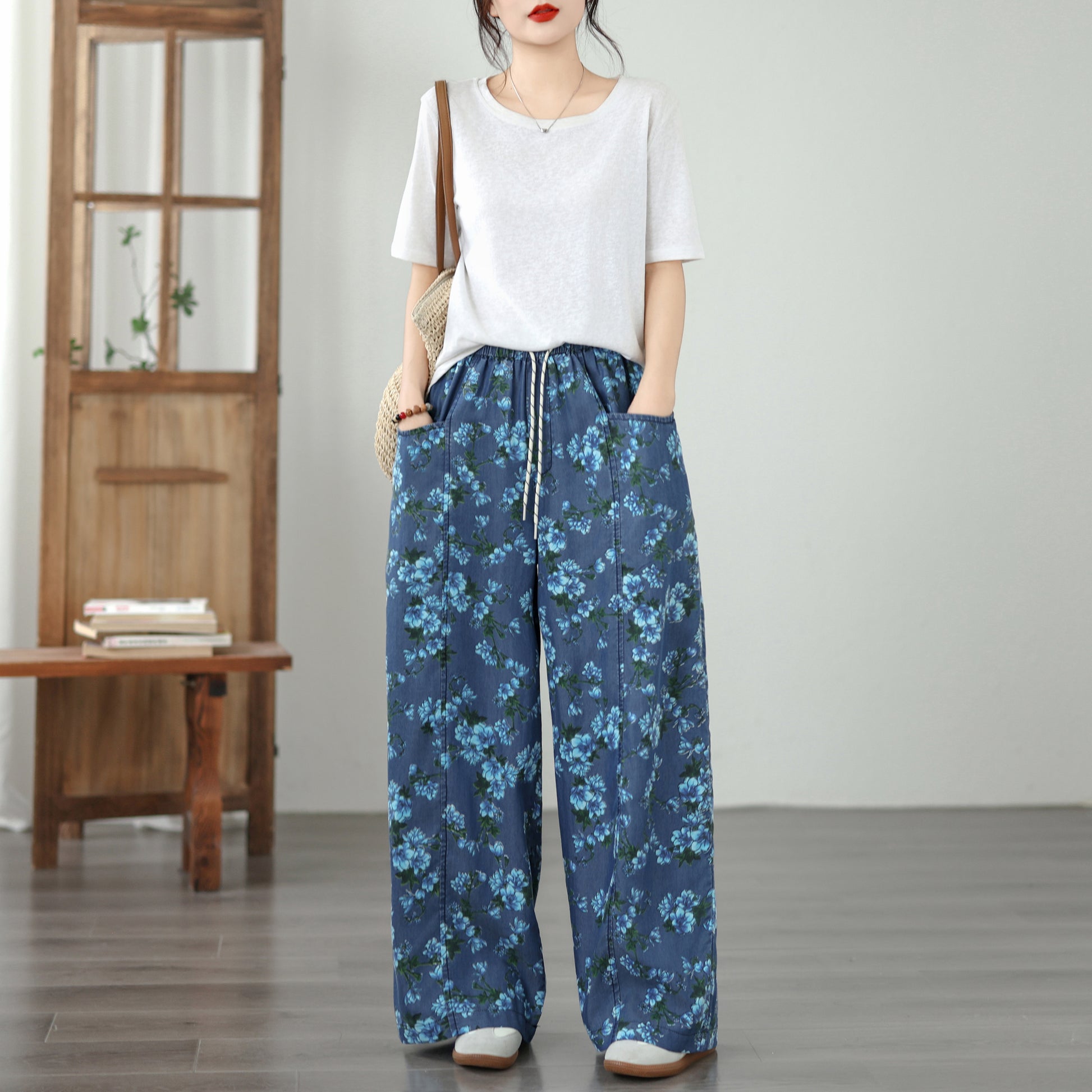 Women's Wide Leg Jeans Lightweight Wasited Elastic Print Y2K Pants - LAI MENG FIVE CATS