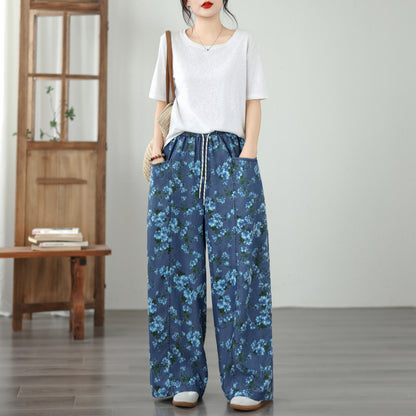 Women's Wide Leg Jeans Lightweight Wasited Elastic Print Y2K Pants - LAI MENG FIVE CATS
