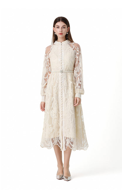 Elegant Floral Lace Maxi Dress with Pearl Belt - LAI MENG FIVE CATS