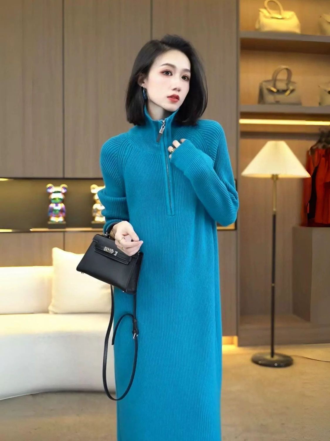 Women's Knit Long Sleeve Quarter Zip Sweater Maxi Dress