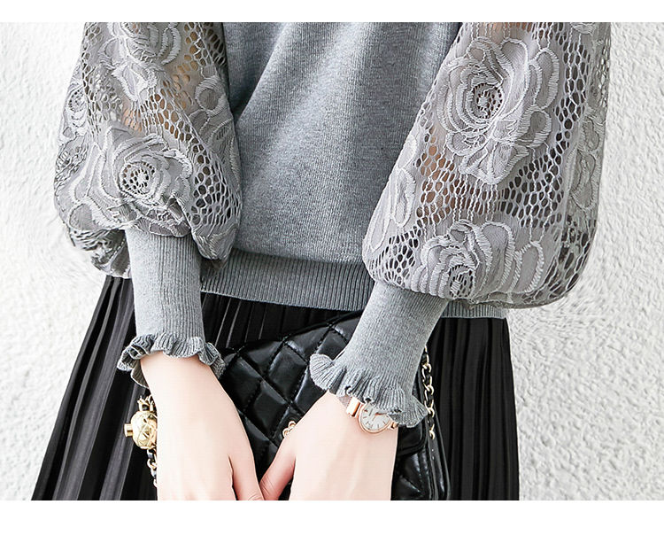 Women's Sweater Puff Sleeve Lace Knit Pullover Tops
