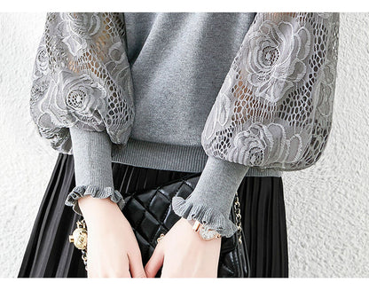 Women's Sweater Puff Sleeve Lace Knit Pullover Tops