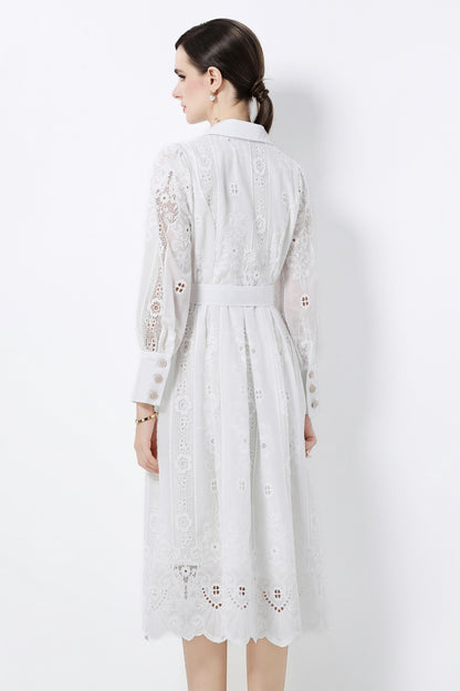 Women's Puff Sleeve Lace Hollow Out Midi Dress