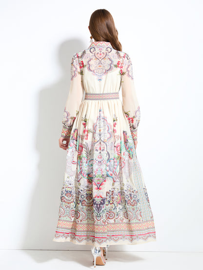 Women's Floral Print Belt Flowy Maxi Dress